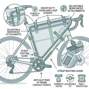 Illustration showing the heavy-duty hook and loop straps securing a bike frame bag triangle to the top tube and down tube.