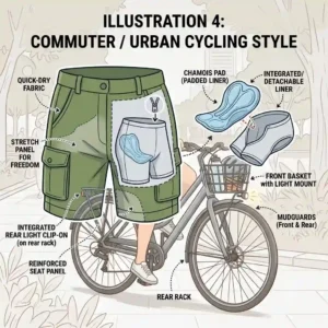 Illustration of a cyclist commuting to work wearing stylish, everyday-looking casual cycling shorts.