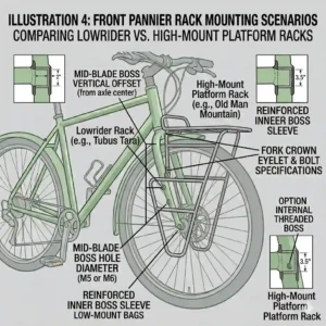 Side-by-side illustration comparing a lowrider front pannier rack with a high-mount platform rack design.