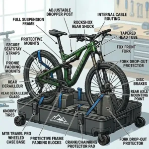 A sizing chart illustration showing compatibility of a mountain bike travel case with 29er, 27.5-inch, and enduro bikes.