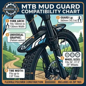 Graphic illustration displaying the dimensions and universal fit compatibility of a flexible mtb mud guard.