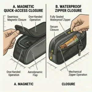 A cyclist opening a magnetic quick-access best top tube bag while riding a bicycle.