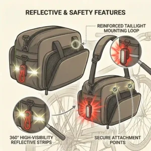 An illustration highlighting the reflective elements and taillight attachment loop on the back of a bike trunk.