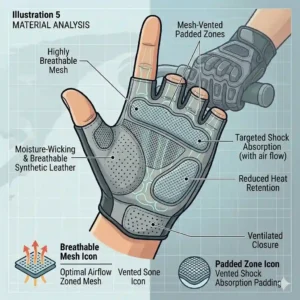 Detailed view of the breathable mesh back and moisture-wicking fabric used in summer padded bike gloves.