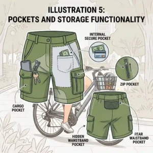 Close-up illustration highlighting the secure zipper pockets on utility casual cycling shorts for holding a phone and keys.
