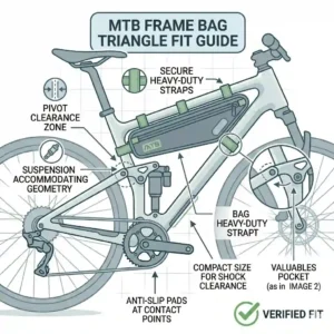 A compact bike frame bag triangle specially designed to fit the unique geometry and rear suspension of a mountain bike.