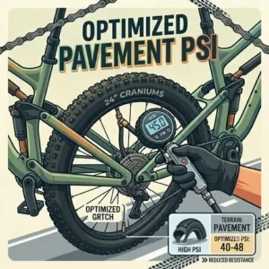 A commuter bike tire on smooth asphalt inflated to the recommended best tire psi for 24 inch craniums on pavement surfaces.