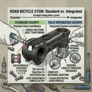 A close-up view of an integrated road bicycle stem designed for clean cable routing and modern bike aesthetics.