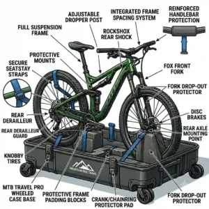 Vector illustration of a cyclist easily rolling a wheeled mountain bike travel case through an airport terminal.