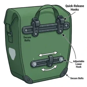 Detailed illustration of the quick-release mounting clips and adjustable hooks on the back of waterproof bike panniers.