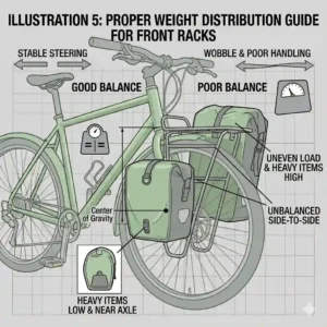Graphic illustration explaining how to balance weight evenly on a front pannier rack for stable riding.
