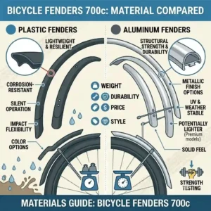 An infographic highlighting the differences between lightweight plastic and durable aluminum bicycle fenders 700c.