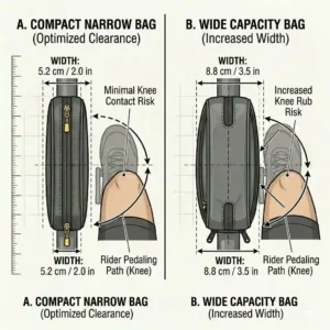 Dimension diagram showing optimal width of the best top tube bag for clean knee clearance.