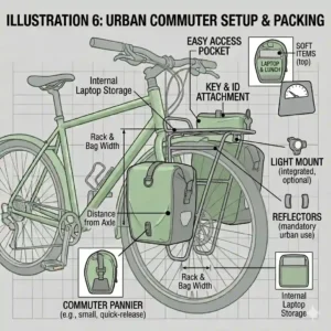 Illustration of an urban commuter bicycle equipped with a minimalist front pannier rack for grocery bags.