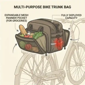 An illustration of an expandable bike trunk bag with unzipped fold-out side panniers for extra grocery storage.