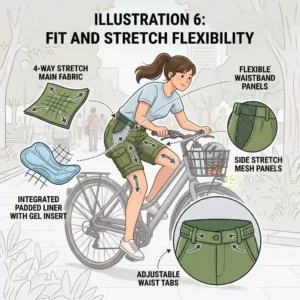 Illustration showing the multi-way stretch material and adjustable waistband of comfortable casual cycling shorts.