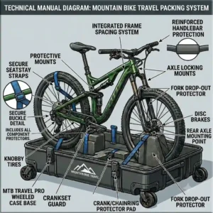 Close-up illustration of foam block padding and wrap-around protectors inside a mountain bike travel case.