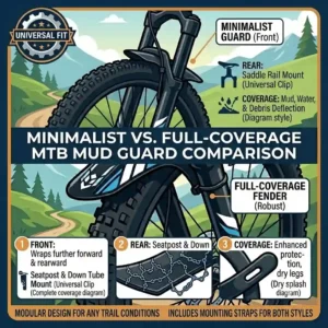 A side-by-side illustration comparing a minimalist mtb mud guard with a full-coverage mountain bike fender.
