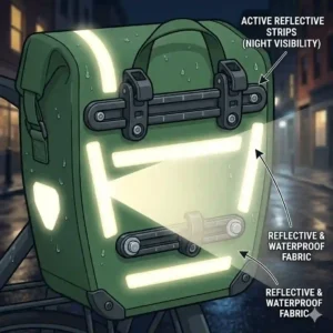 Illustration demonstrating the reflective strips on waterproof bike panniers catching the headlights of a car at night.