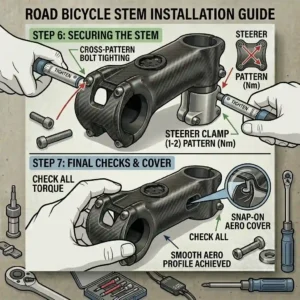 A step-by-step mechanical guide on how to safely install and torque a road bicycle stem to the handlebars.