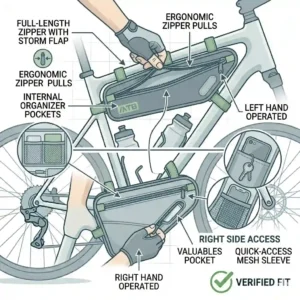 Side view of a cyclist accessing the main zippered compartment of a bike frame bag triangle while riding.