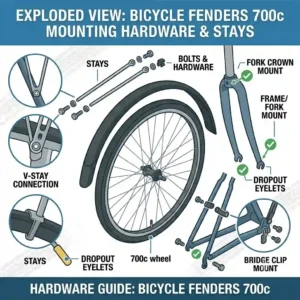 An exploded view illustration of the stays, eyelets, and hardware used to secure bicycle fenders 700c.