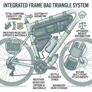 A fully loaded adventure touring bicycle equipped with a matching bike frame bag triangle, seat pack, and handlebar roll.