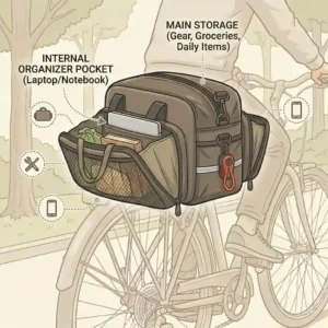 An illustration showcasing a cyclist using a bike trunk to carry daily essentials and a laptop during a city commute.