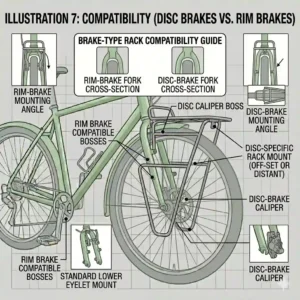 Detailed illustration of a disc brake compatible front pannier rack installed on a modern gravel bike fork.