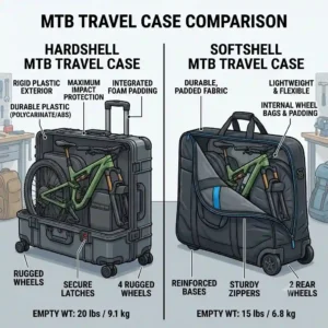 Side-by-side comparison illustration highlighting the differences between a softshell and a hardshell mountain bike travel case.