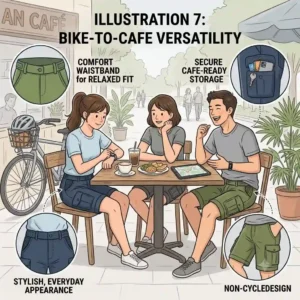 Illustration of friends sitting at an outdoor cafe wearing casual cycling shorts after a morning bike ride.