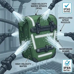 Graphic illustration showing waterproof bike panniers resisting high-pressure water sprays to demonstrate IPX water resistance.