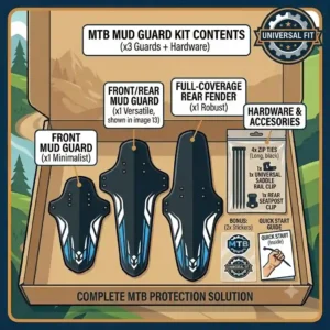 Illustration of an mtb mud guard packaging kit including the guard, hook-and-loop straps, and zip ties.