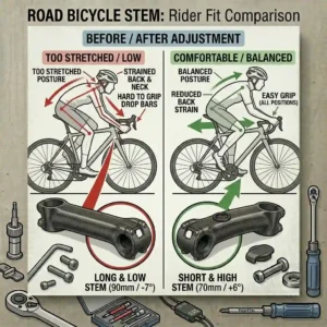 An infographic demonstrating how selecting the right road bicycle stem can significantly improve rider fit and posture.