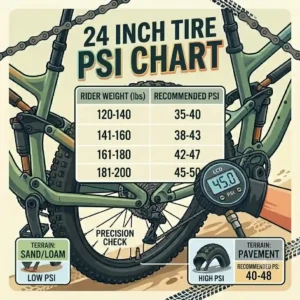 A reference chart mapping rider weight to the best tire psi for 24 inch craniums on a green bike frame backdrop.