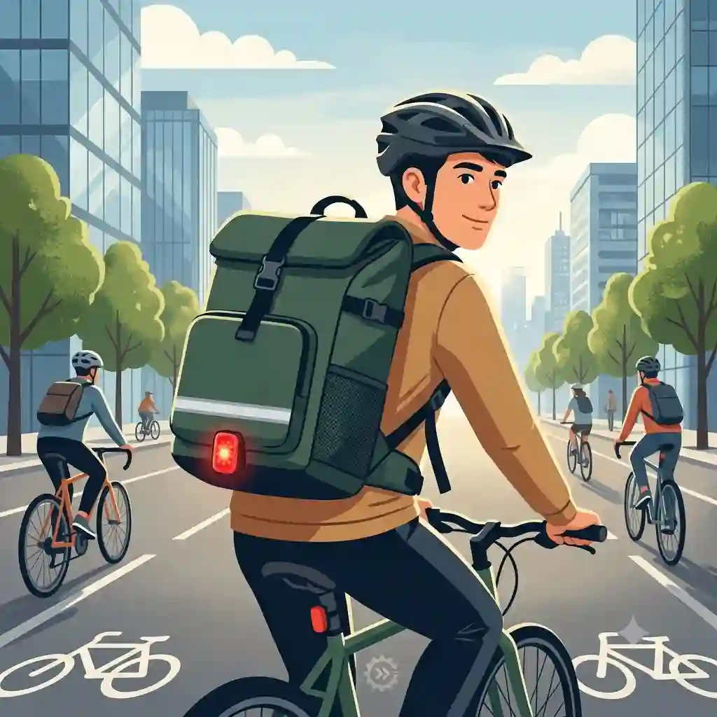 A cyclist wearing the best backpack for bike commuters rides through a city street.