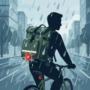 A waterproof cycling pack, identified as the best backpack for bike commuters, is shown keeping gear dry during heavy rain.