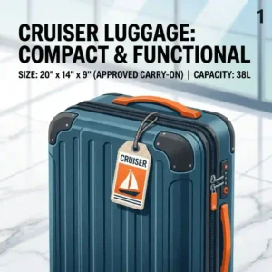 A detailed graphic illustration showing the exact dimensions and packing capacity of standard cruiser luggage.
