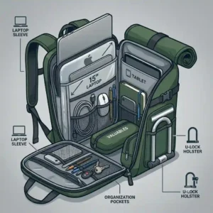 Internal compartments of the best backpack for bike commuters are neatly organized with a laptop and office accessories.
