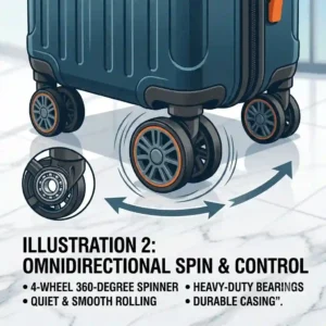 Close-up technical illustration highlighting the heavy-duty 360-degree spinner wheels on a cruiser luggage bag.