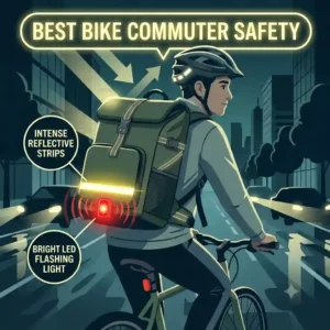 The high-visibility reflective strips on the best backpack for bike commuters glow intensely under a street lamp at night.