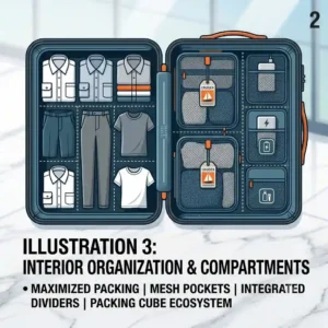 An open-book view illustration of cruiser luggage showing mesh organizer pockets, compression straps, and a packing cube layout.