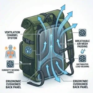 A schematic diagram highlights the airflow channels and breathable mesh padding of the best backpack for bike commuters.