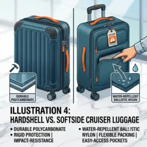 A side-by-side comparison diagram illustrating the differences between a hardshell and a softside cruiser luggage exterior.
