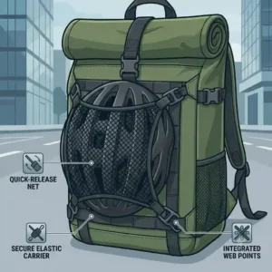 A helmet is securely fastened to the exterior helmet attachment system of the best backpack for bike commuters.