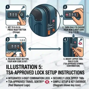 A step-by-step vector illustration explaining how to set up the integrated TSA-approved combination lock on cruiser luggage.