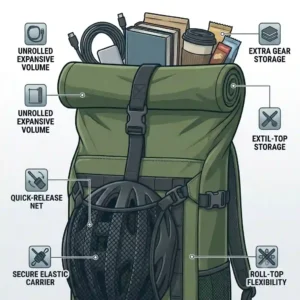 The expanded capacity of the roll-top feature on the best backpack for bike commuters is demonstrated with extra gear.