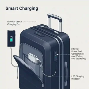 Illustration of a smart cruiser luggage suitcase featuring a built-in USB charging port and power bank compartment.