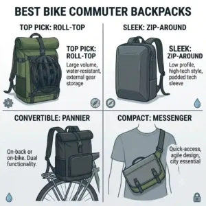 An infographic comparison chart highlights why this model is the best backpack for bike commuters compared to other types.