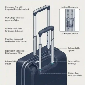 An illustration showcasing the adjustable, ergonomic telescopic handle mechanism of lightweight cruiser luggage.